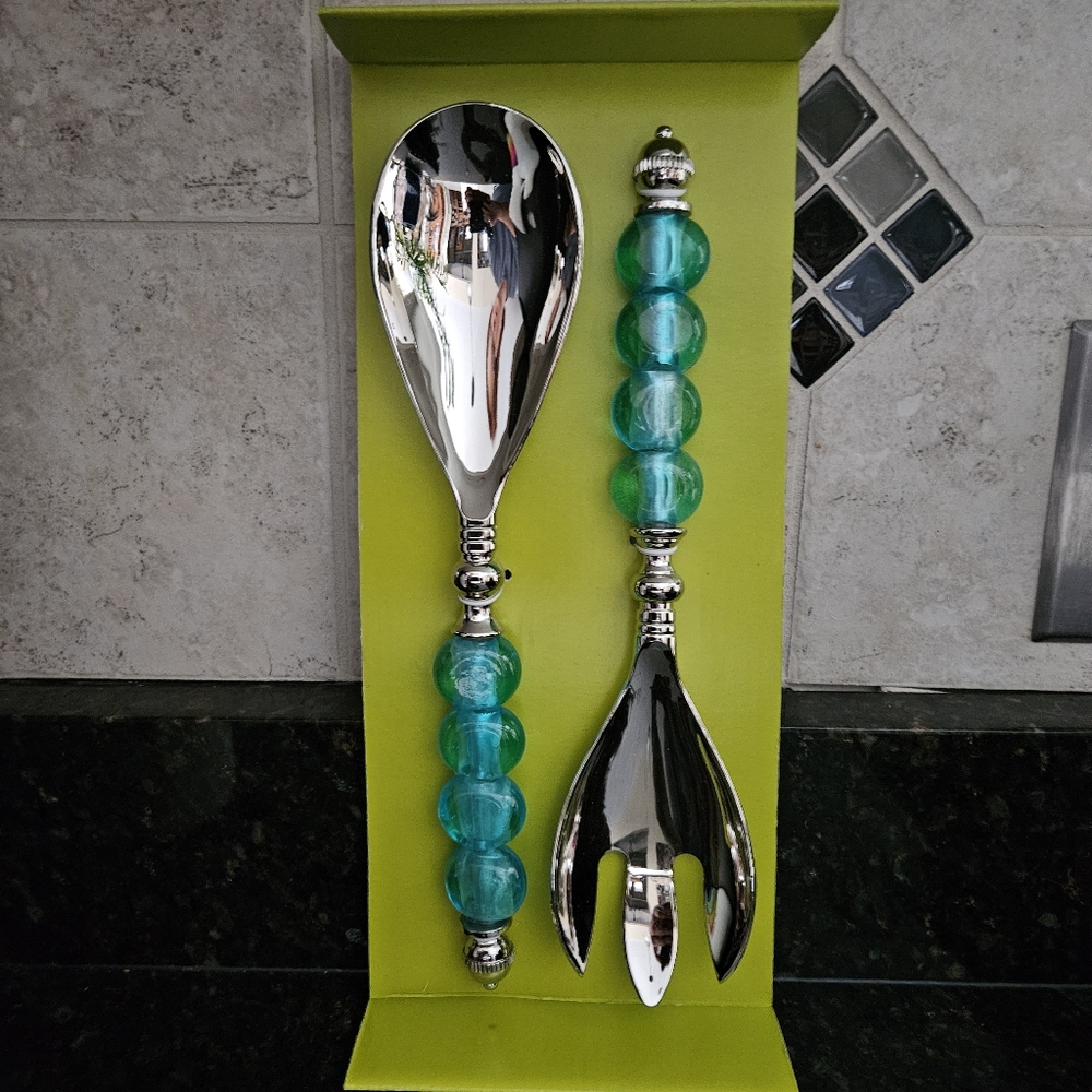 MANGO MOON Serving Salad Dessert Contemporary  Fork Spoon Set NIB